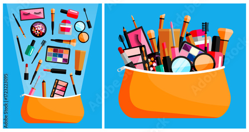 Set of cosmetic bag with makeup accessories. Woman beauty product collection for skin care. Flat style vector.