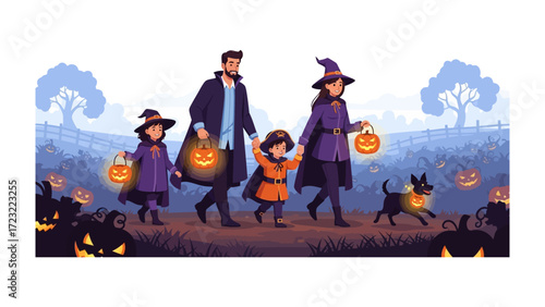 A Spooky Halloween Family Walk: A family dressed up in Halloween costumes walks together on a path surrounded by glowing jack-o-lanterns, conjuring the atmosphere of fun. 