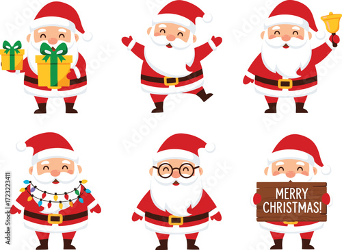 Santa Claus cartoon set, festive character poses, Christmas illustrations, holiday cheer artwork, seasonal icon design, gift, bell, lights