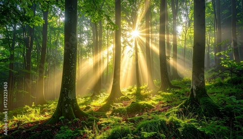 Forest with Bright Golden Sunbeams