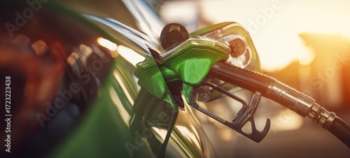 The Fuel Nozzle Inserted Into a Car at a Sunlit Gas Station During Refueling