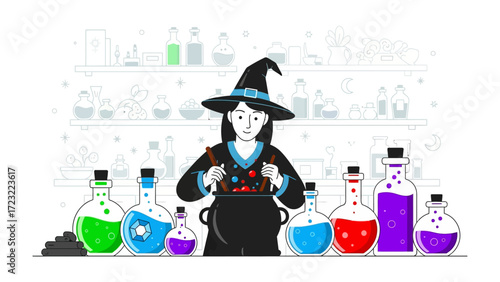 Potion Brewing Witch: A witch is brewing a magical potion, surrounded by colorful vials and a cauldron. Evoking the mystery of the witching hour.
