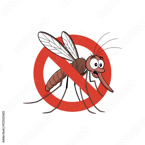 Cartoon mosquito with red prohibition symbol—representing pest control, disease prevention, and public health awareness in a fun, clear style