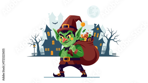 Spooky Elf: A cartoonish, emerald-skinned elf, donned in a pointy hat and mischievous grin, navigates a spooky town with a large sack of gifts on his back, under a moonlit night.