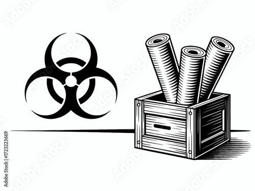 Biohazard Symbol with Graphic Art Scrolls in a Wooden Crate Artistic Monochrome Illustration Concept