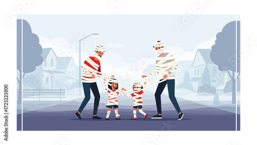 Halloween Family stroll : A spirited family dressed in creative costumes joyfully celebrates Halloween on a typical residential street, embodying the essence of family-centric festivities.