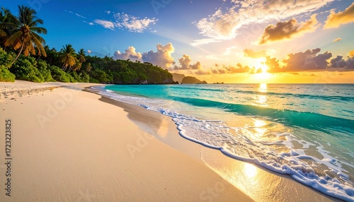 Tropical Paradise Beach with Golden Sunset