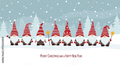 Adorable winter gnomes celebrating Christmas and New Year with festive spirit in a snowy forest scene