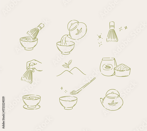 Matcha tea symbols teapot, whisk, bowl, plantation, cup, ceremony drawing with green color on light background