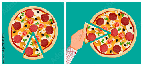 Man hand taking a slice of whole classic pepperoni pizza with salami, olive, mushroom, tomato in flat style. Fast food concept for menu.