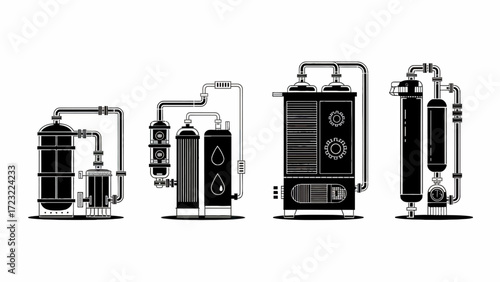 Complex industrial equipment vector illustration showcasing filtration and separation systems in black and white technical drawing for engineering and industrial design projects