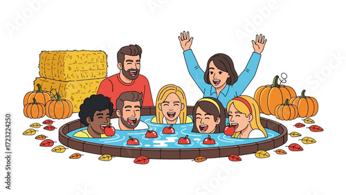 Autumn's Delight: Capturing the essence of autumn with a heartwarming depiction of friends partaking in the playful apple bobbing, all while surrounded by pumpkins, and bales, and fallen leaves.