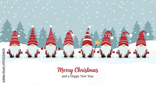 Charming Christmas gnomes celebrate winter holidays in snowy forest scene, perfect for festive greetings and seasonal designs