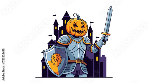 Spooky Knight: A brave knight, bearing the head of a carved jack-o'-lantern and a shining sword, stands ready against a backdrop of a towering castle.