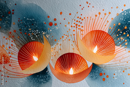 Abstract Watercolor Illustration of Diwali Diyas and Rangoli Patterns