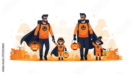 Halloween Superhero Walk: A father, adorned in superhero garb, guides his two children, each in their Halloween costumes, along a festive autumn landscape, lanterns in hand.