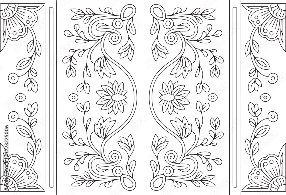 Fototapeta Floral Door Border Ornament Vector, Decorative Frame Carving Design EPS, Botanical Architectural Pattern