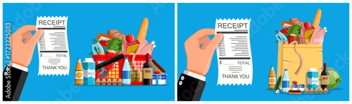 Man hand holding receipt. Full grocery basket and paper bag. Food shopping concept. Consumerism and commerce theme.