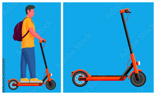 Man riding electric scooter. Sustainable urban transport for city travel. Eco friendly alternative vehicle.