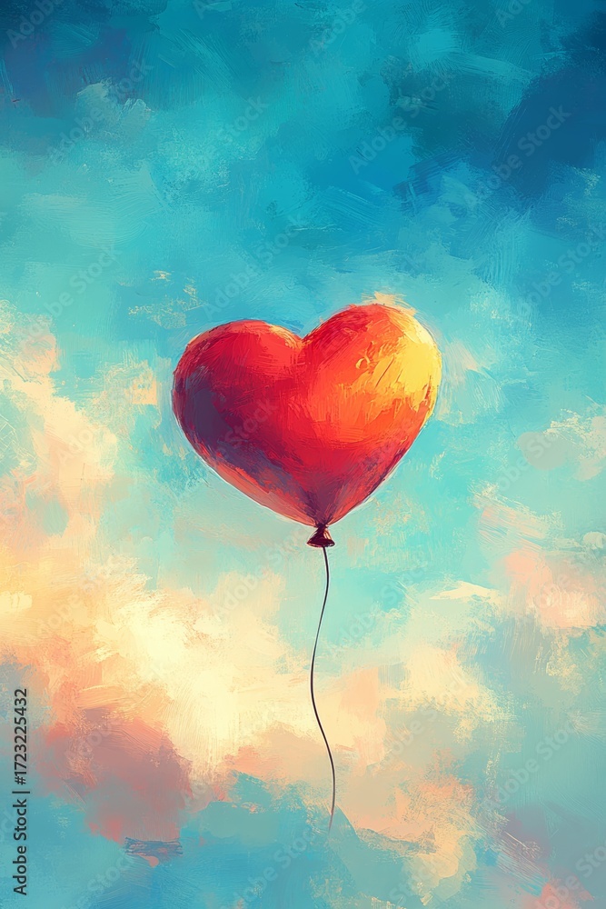 Obraz premium Red heart is floating in the sky with a red balloon. The painting has a dreamy, romantic mood