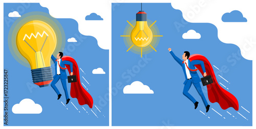 Two illustrations of a flying businessman superhero with an idea light bulb. Innovation and business success concept for motivation.