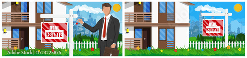 Man realtor handing house key for buy and rent. Flat style illustration for real estate agent, concept mortgage housing investment.