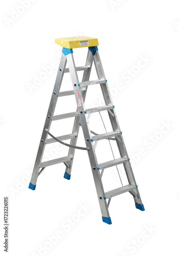 Pristine silver aluminum A-frame step ladder with light beige platform & blue feet, minimalist silver measuring tape, on seamless transparent studio background with no shadows, commercial product