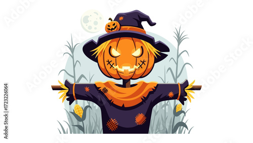 Spooky Scarecrow: A vibrantly illustrated scarecrow stands amidst a backdrop of an eerily lit sky on a moonlit Halloween night, showcasing the spooky symbol of autumn season.