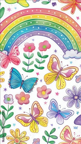 Colorful and whimsical painted wallpaper with rainbow, butterflies, unicorns and flowers.