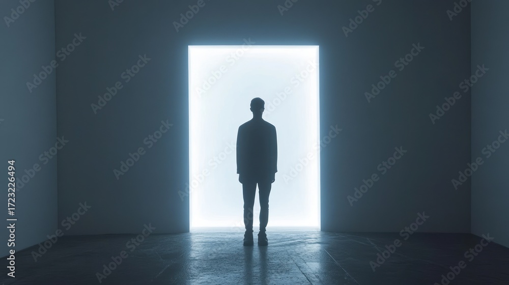 Obraz premium Silhouette of a Person Facing a Bright Doorway