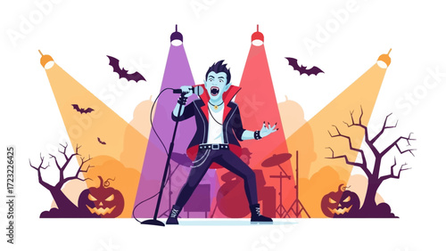 Halloween Rock Star on Stage: A spirited illustration of a rock star dressed as a vampire, captivating the audience on a Halloween night. With bats soaring and jack-o'-lanterns glowing.
