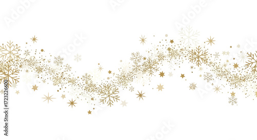 Sparkling golden snowflakes and stars cascade across a clean white background, creating a festive and elegant winter celebration design.