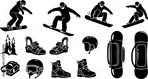 Snowboarding elements silhouette, Snowboarding elements, Snowboard silhouette, Snowboarding equipment vector set, Snowboard equipment, Snowboarding vector set