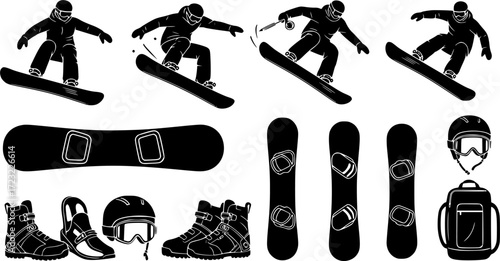 Snowboarding elements silhouette, Snowboarding elements, Snowboard silhouette, Snowboarding equipment vector set, Snowboard equipment, Snowboarding vector set
