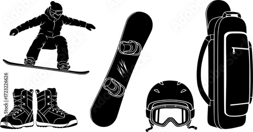 Snowboarding elements silhouette, Snowboarding elements, Snowboard silhouette, Snowboarding equipment vector set, Snowboard equipment, Snowboarding vector set