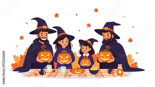 Family Halloween Gathering: A spirited family dressed as wizards and witches joyfully celebrate Halloween together. The scene is festive with pumpkin carving and the warm glow of lanterns.