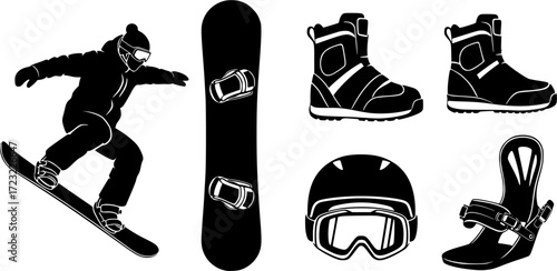 Snowboarding elements silhouette, Snowboarding elements, Snowboard silhouette, Snowboarding equipment vector set, Snowboard equipment, Snowboarding vector set