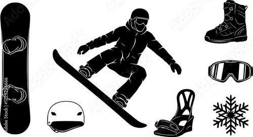 Snowboarding elements silhouette, Snowboarding elements, Snowboard silhouette, Snowboarding equipment vector set, Snowboard equipment, Snowboarding vector set