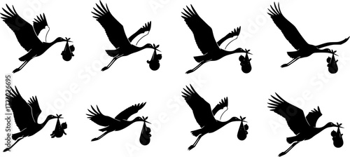 Stork carrying baby silhouette, Flying stork carrying baby silhouette, Stork baby delivery silhouette.
