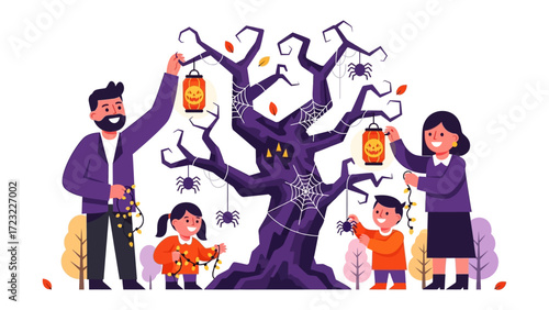 Halloween Family Tree Decoration: A family collaborates joyfully, adorning a spooky, fantastical tree with festive lanterns, spider webs.