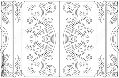 Floral Door Panel Ornament Vector, Decorative Wood Carving Design EPS, Symmetrical Botanical Architectural Pattern