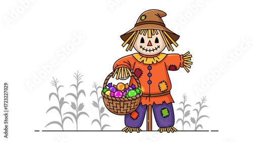 Harvest Helper: A charming scarecrow, adorned with a friendly smile, holds a basket of colorful bounty, capturing the essence of a bountiful autumn harvest.