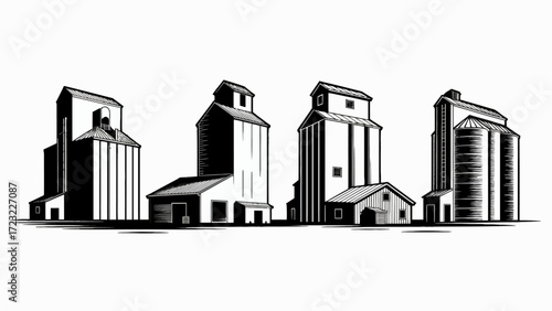 Monochrome drawing of rural grain elevators against white background evoking a sense of agricultural history and industry