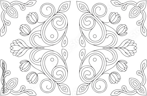 Floral Door Panel Ornament Vector, Decorative Wood Carving Design EPS, Symmetrical Botanical Architectural Pattern