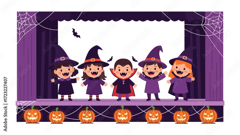 Fototapeta premium Halloween Celebration: A stage is set with spooky decorations as cheerful children dressed in festive Halloween costumes perform. Capturing the joy of Halloween and the spirit of celebration.