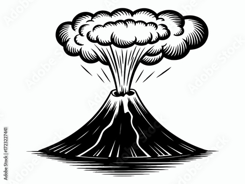 Stylized Volcano Eruption Illustration Black and White Geology Mountain Nature Scene Depicting Volcanic Activity and Environmental Impact Design Element