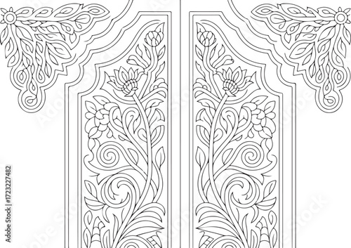 Ornamental Door Panel Floral Vector, CNC Wood Carving Design EPS, Decorative Botanical Architectural Pattern