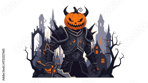 Halloween Pumpkin Knight: A fearsome pumpkin knight stands defiant, his Jack-o'-lantern head atop a suit of intimidating armor, silhouetted against a haunting medieval backdrop.
