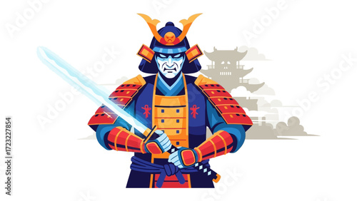 Samurai with Sword: A fierce warrior in ornate armor stands ready with a glowing blade, set against a stylized backdrop hinting at traditional architecture, embodies honor and discipline.