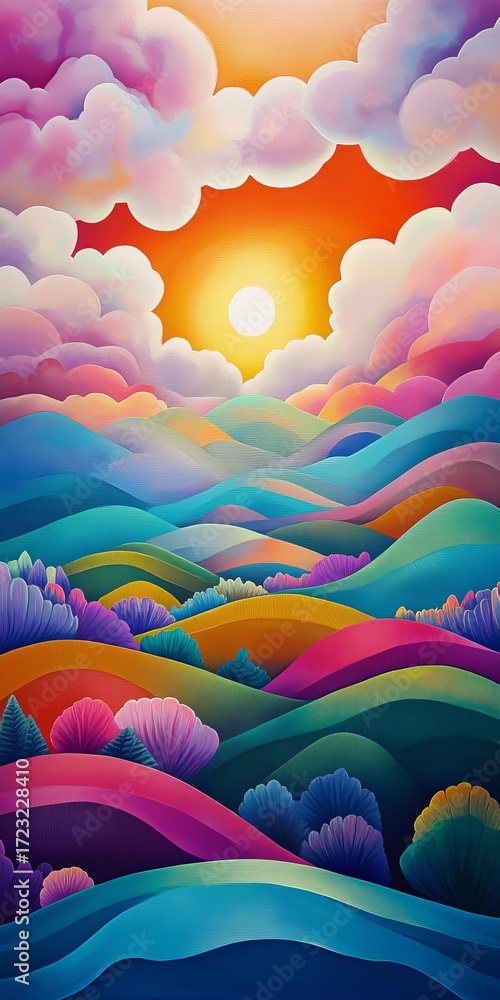 Fototapeta premium Vibrant Abstract Landscape with Colorful Hills and Dramatic Clouds